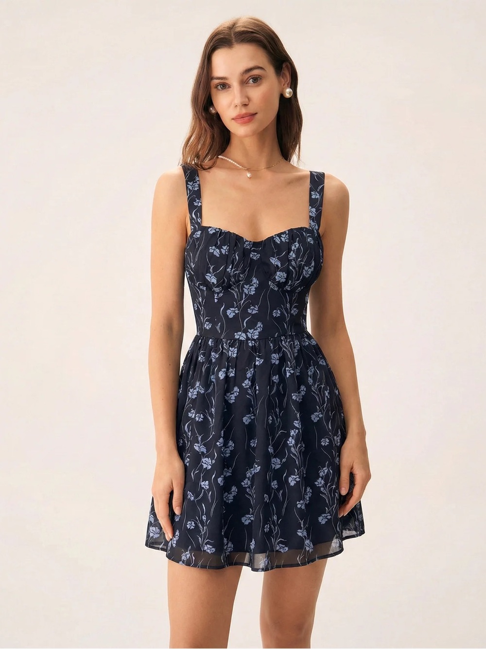 NWT Rihoas Navy Blue Floral Sweetheart Neck Mini Skater Dress Size Medium - Picture 2 of 11